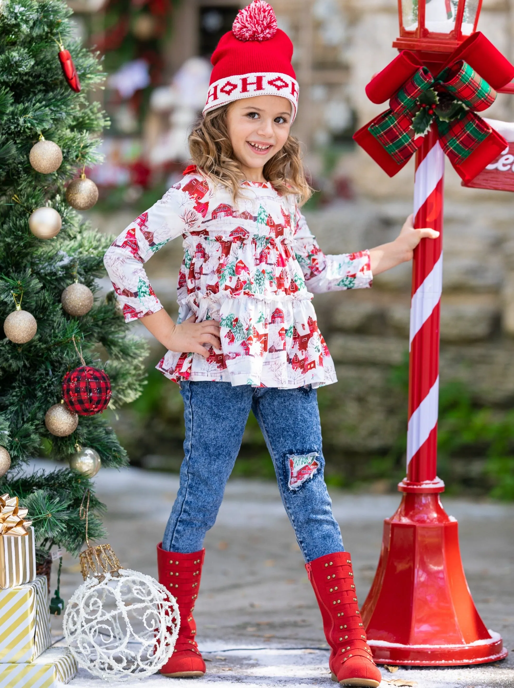 Sleigh Princess Ruffled Top and Patched Jeans Set