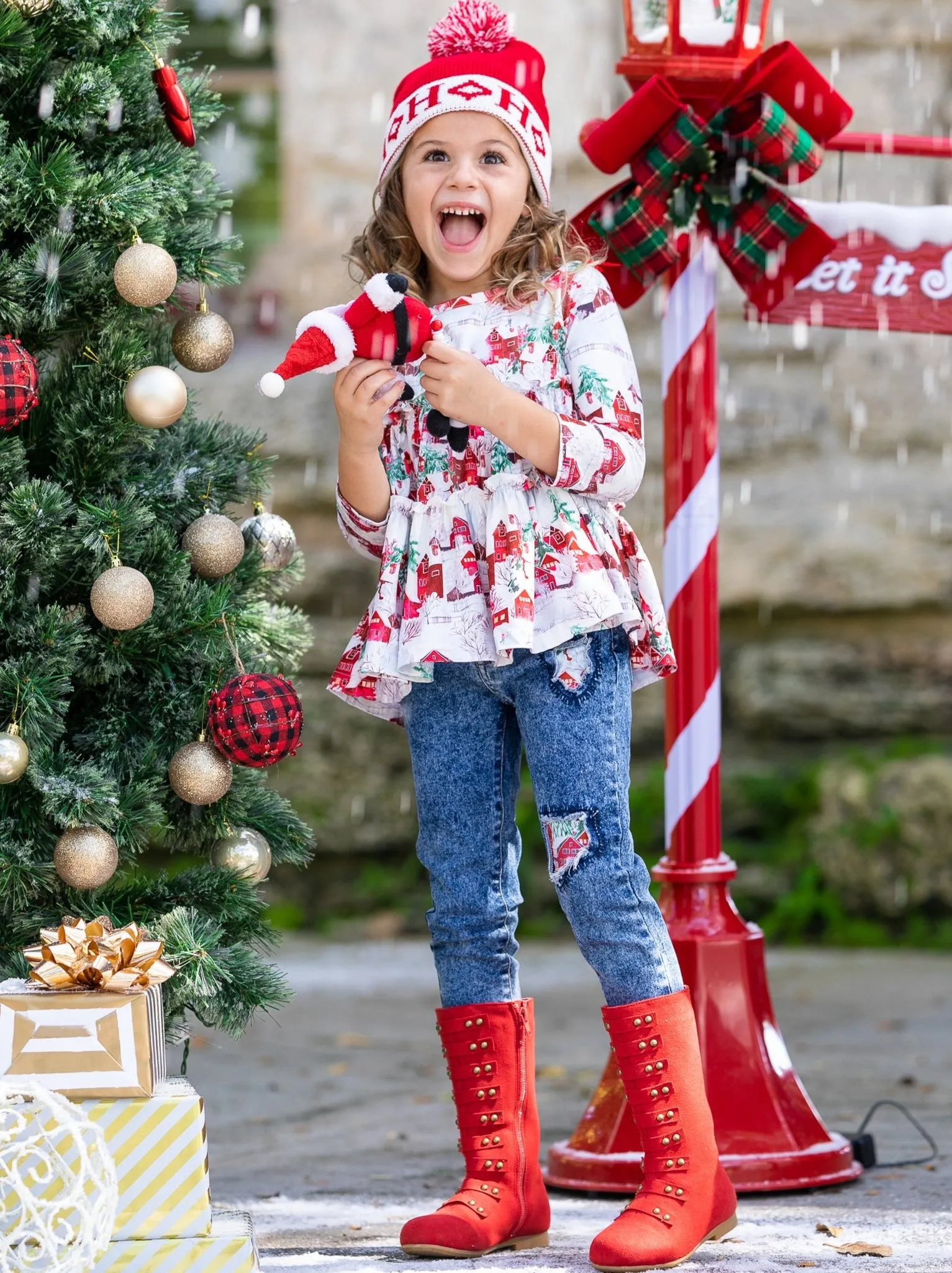 Sleigh Princess Ruffled Top and Patched Jeans Set