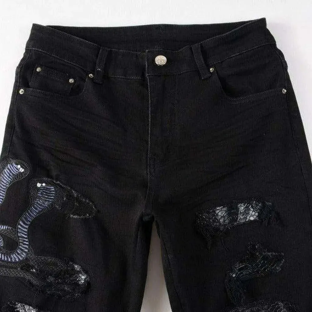 Snake embroidery ripped men's jeans