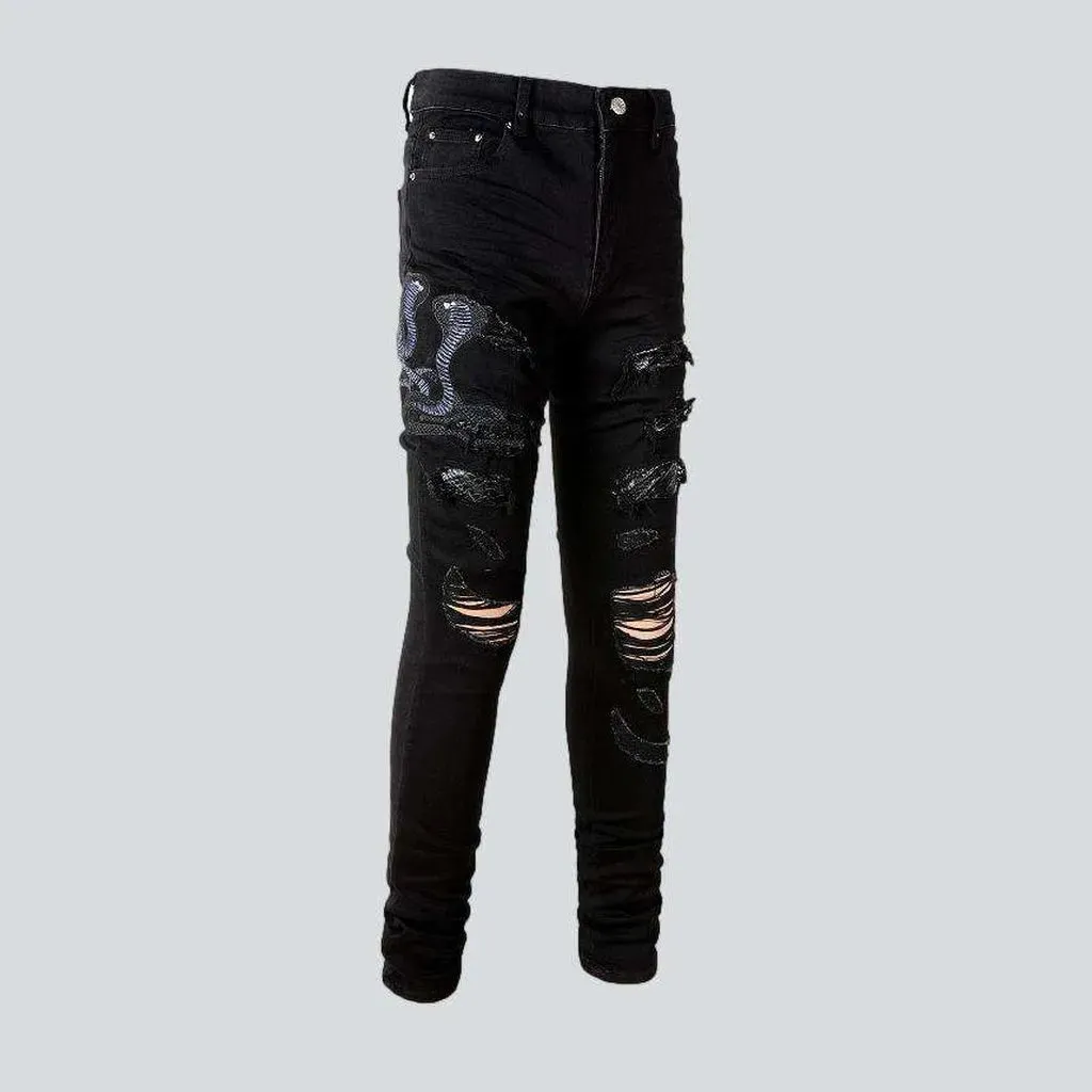 Snake embroidery ripped men's jeans