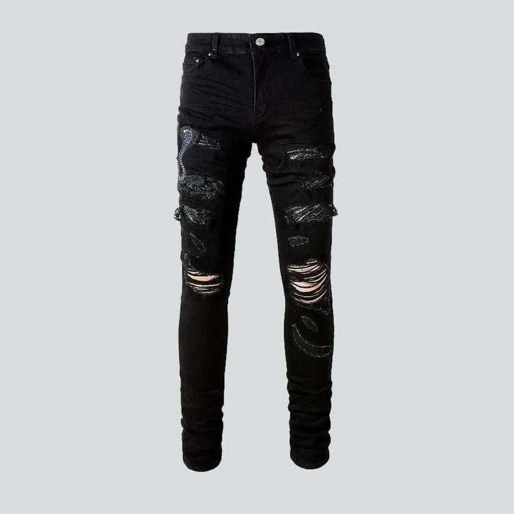 Snake embroidery ripped men's jeans