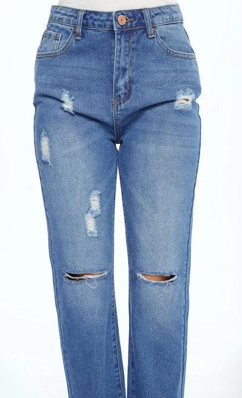 Straight Leg Ripped Knee Cropped Boyfriend Fit Jeans