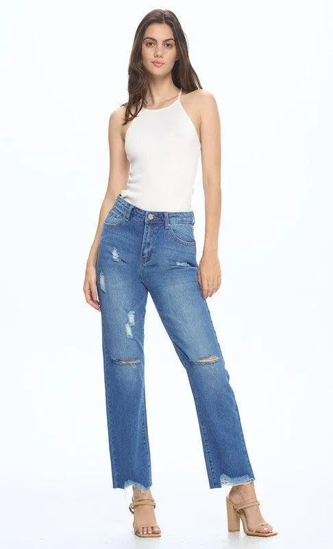 Straight Leg Ripped Knee Cropped Boyfriend Fit Jeans