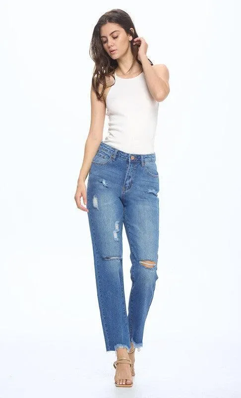 Straight Leg Ripped Knee Cropped Boyfriend Fit Jeans