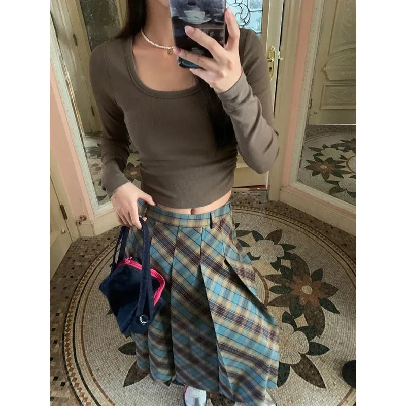 TAVIMART  -  Weekeep Casual Loose Plaid Print Long Skirt Summer Harajuku Low Rise Pleated Skirts for Women 2000s Aesthetic Ladies Streetwear