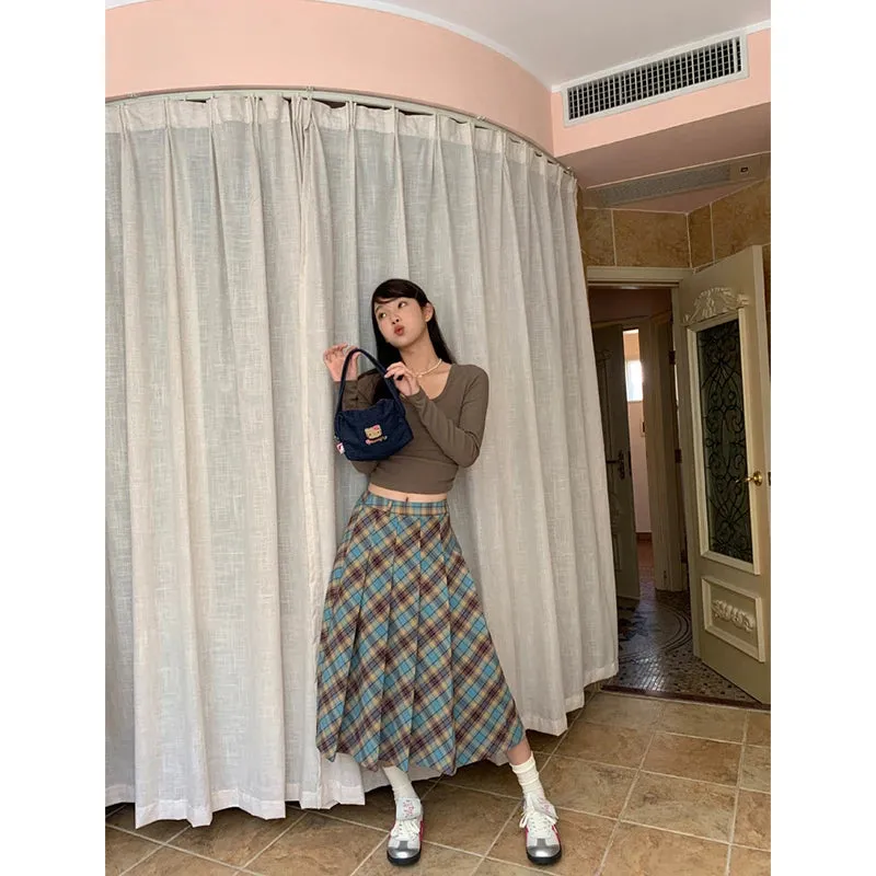 TAVIMART  -  Weekeep Casual Loose Plaid Print Long Skirt Summer Harajuku Low Rise Pleated Skirts for Women 2000s Aesthetic Ladies Streetwear