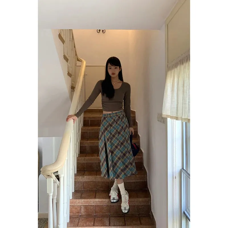 TAVIMART  -  Weekeep Casual Loose Plaid Print Long Skirt Summer Harajuku Low Rise Pleated Skirts for Women 2000s Aesthetic Ladies Streetwear