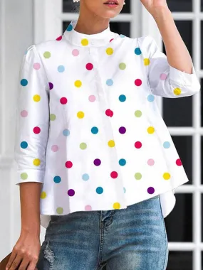 Three-Quarter Sleeves Polka-Dot Stand Collar Blouses&Shirts Tops