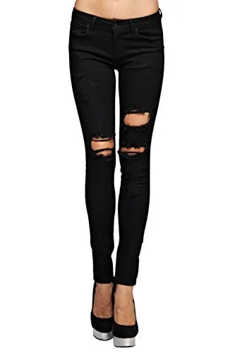 Vialumi Women's Juniors Torn Distressed Ripped Destroyed Skinny Jeans Black 9