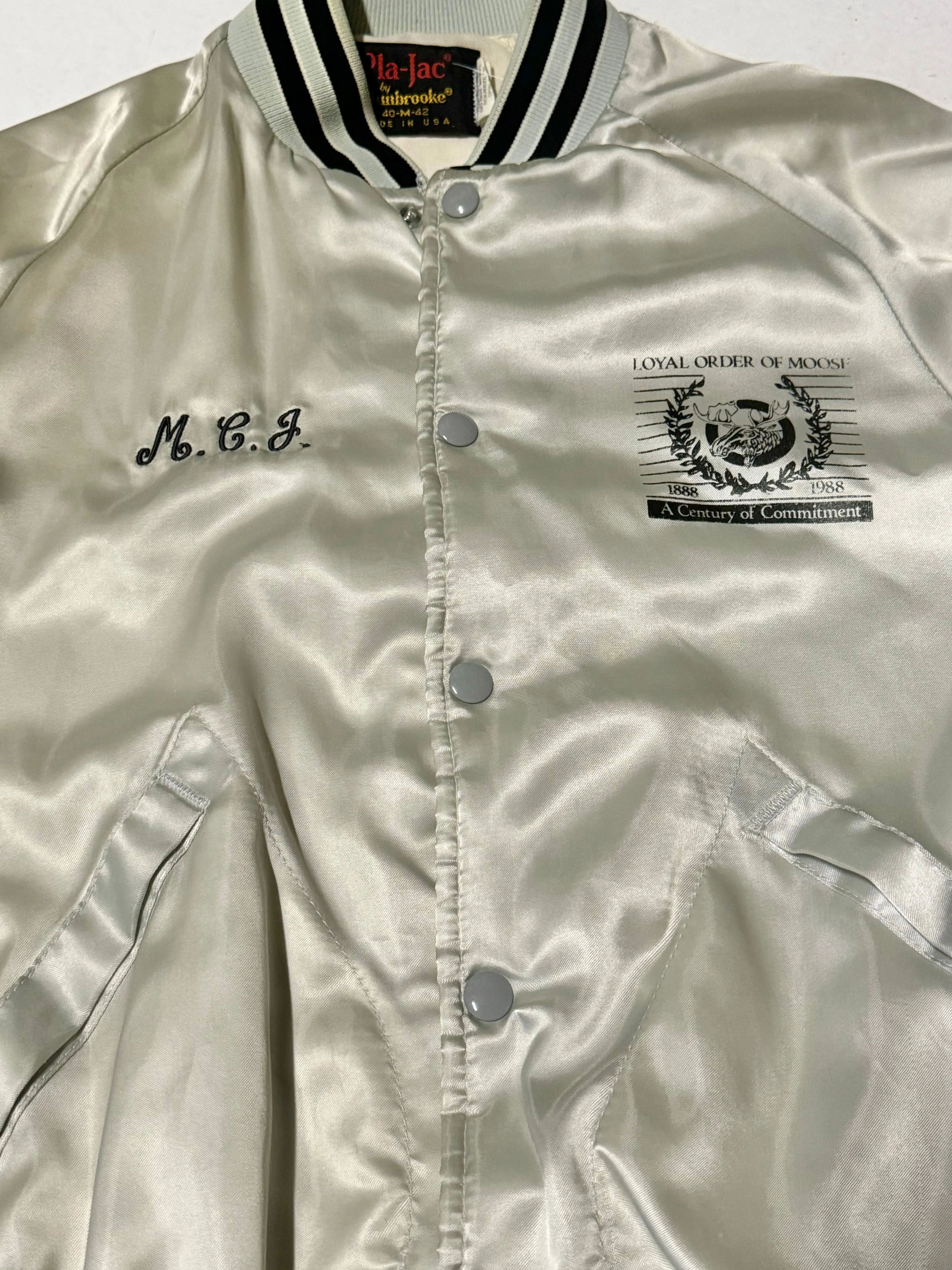 Vintage ‘Loyal Order of Moose’  Silver Satin Bomber Jacket (M)