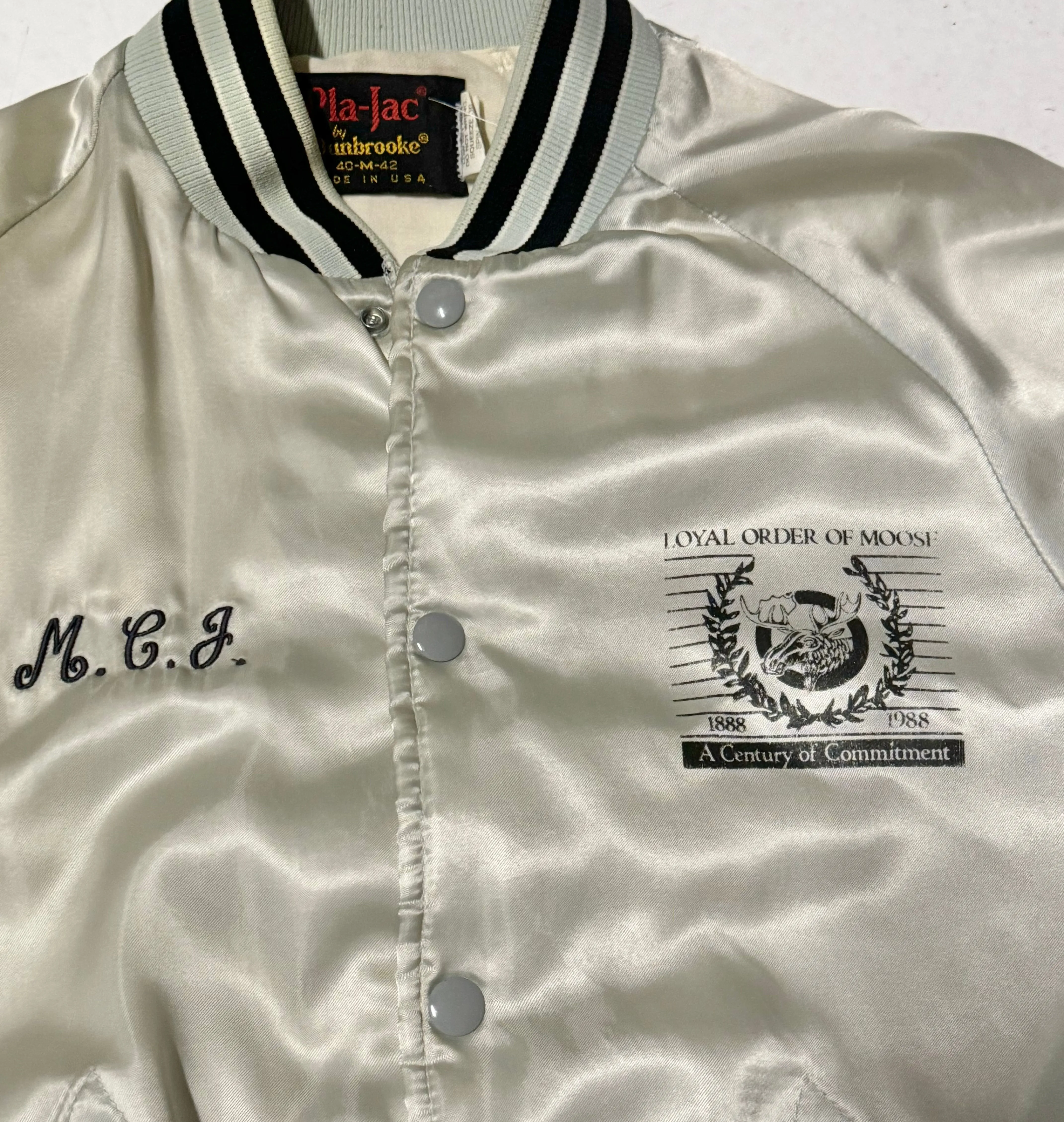 Vintage ‘Loyal Order of Moose’  Silver Satin Bomber Jacket (M)