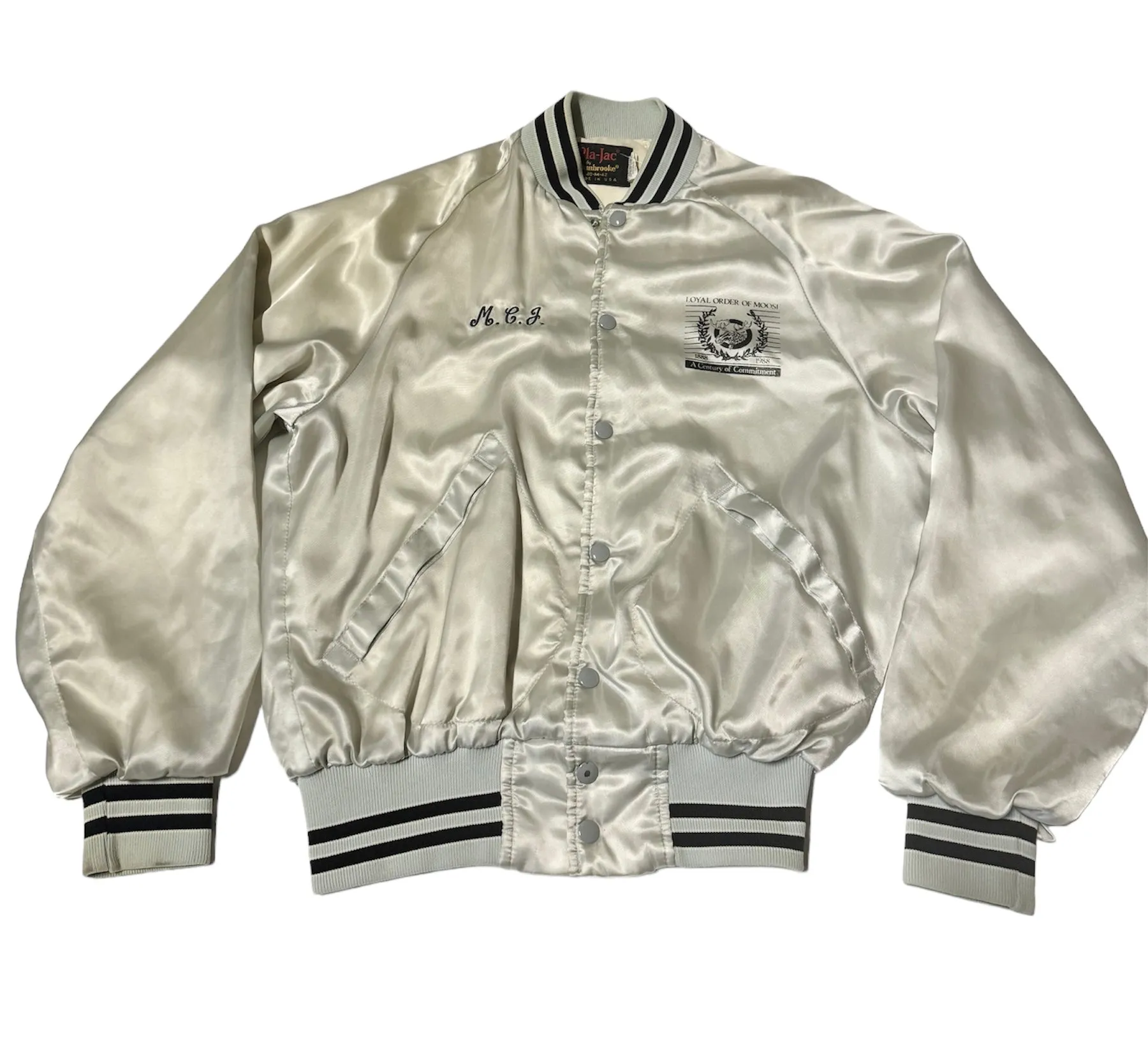 Vintage ‘Loyal Order of Moose’  Silver Satin Bomber Jacket (M)