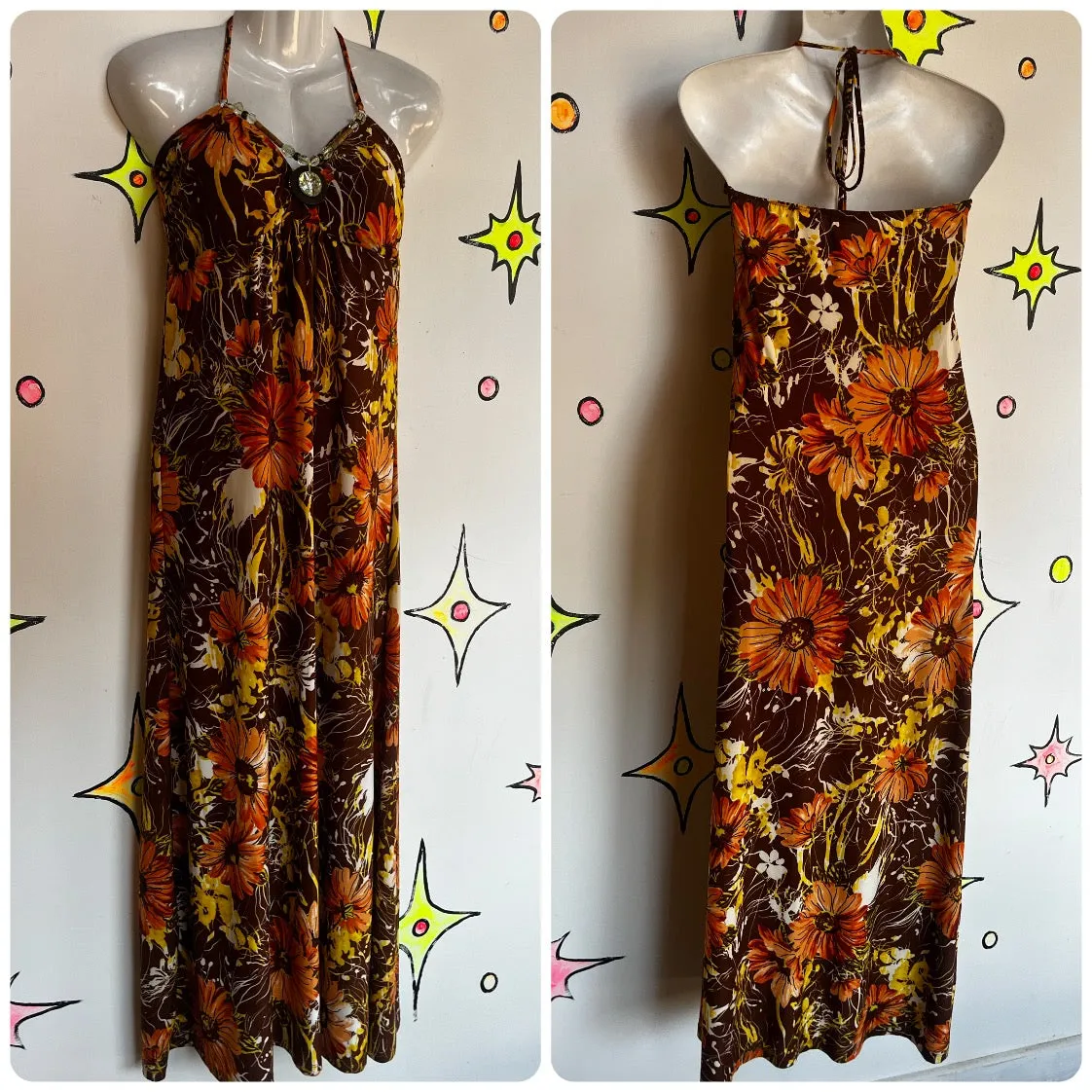 Vintage Y2K | Fairy Grunge Babydoll Floral Tattoo Maxi Necklace Halter Dress | M