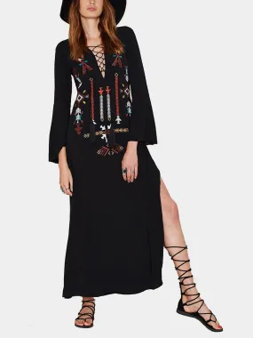 Wholesale Black Deep V Neck Long Sleeve Embroidered Lace-Up Slit Hem Maxi Dress