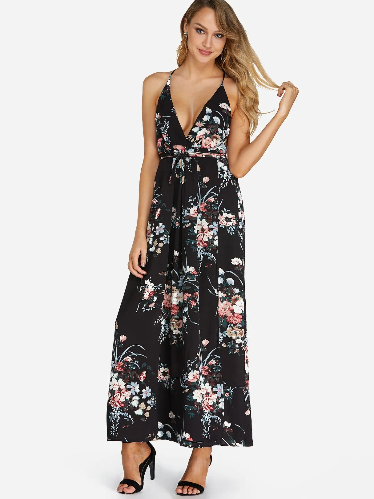 Wholesale Black Halter Sleeveless Floral Print Zip Back Backless Lace-Up Criss-Cross Slit Hem Maxi Dresses