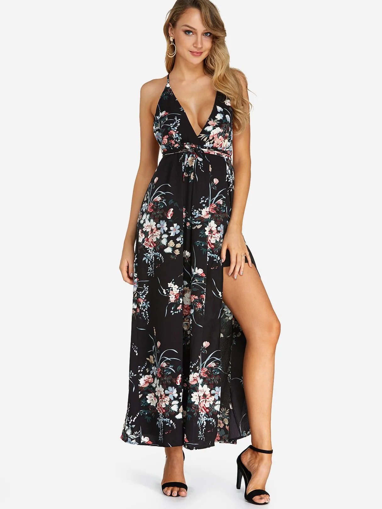 Wholesale Black Halter Sleeveless Floral Print Zip Back Backless Lace-Up Criss-Cross Slit Hem Maxi Dresses