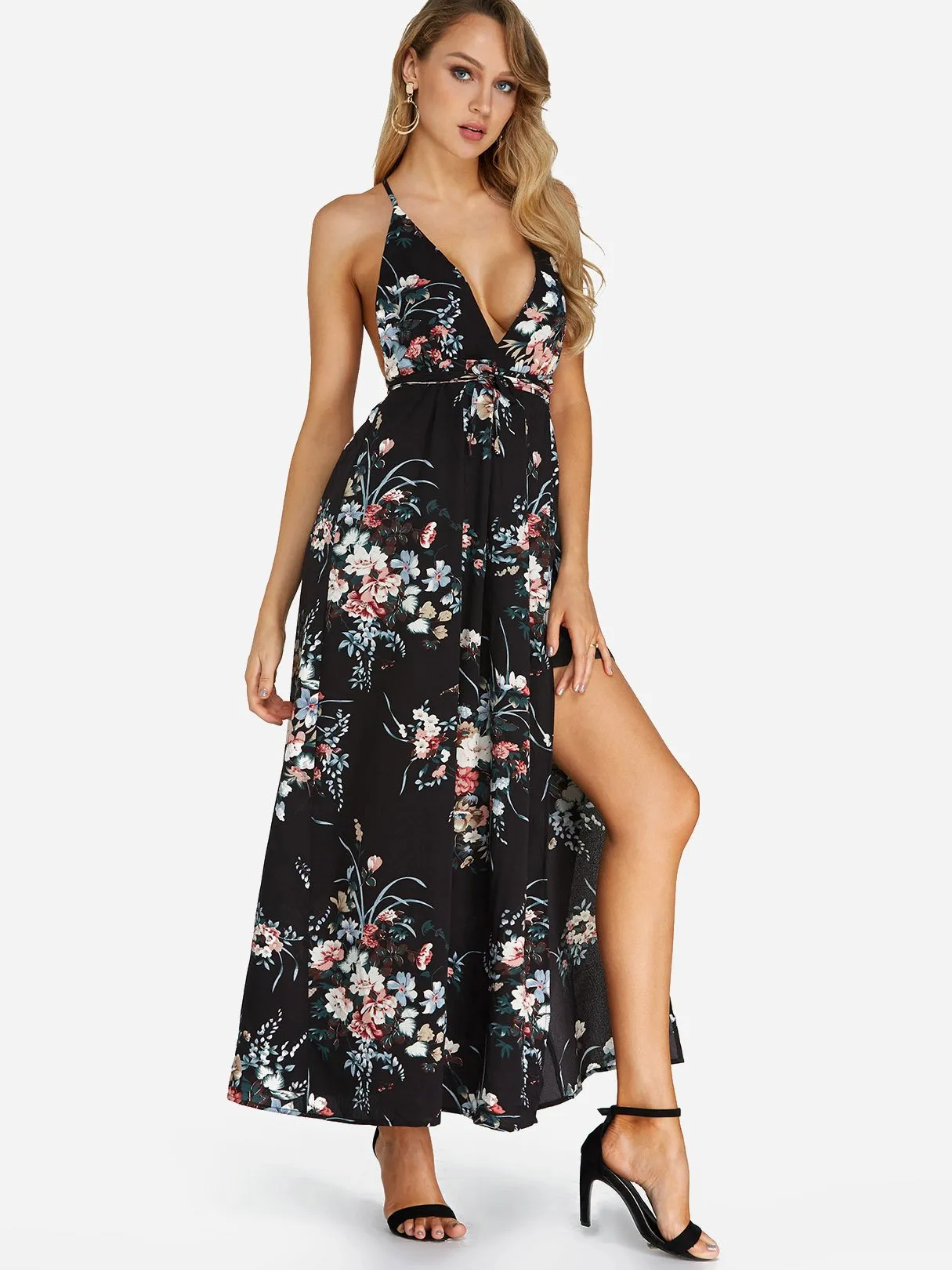 Wholesale Black Halter Sleeveless Floral Print Zip Back Backless Lace-Up Criss-Cross Slit Hem Maxi Dresses