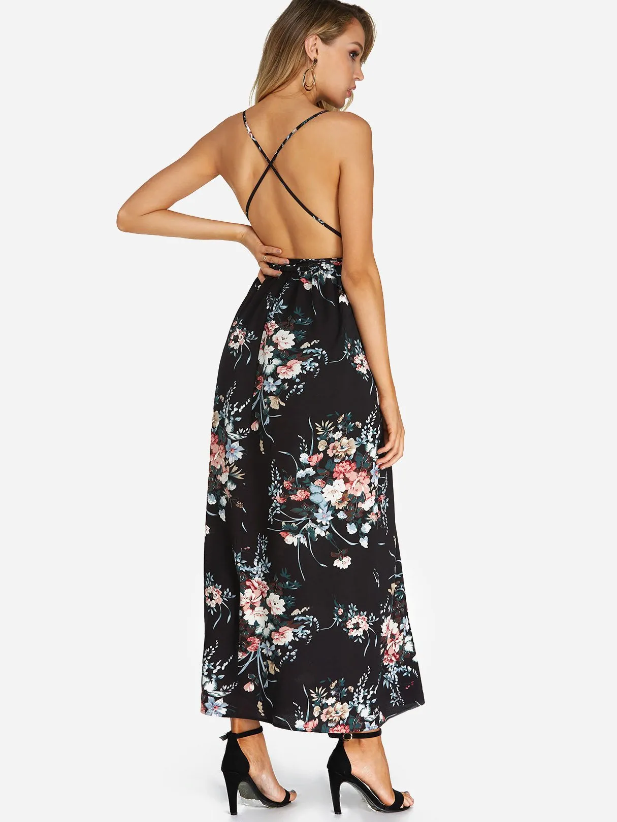 Wholesale Black Halter Sleeveless Floral Print Zip Back Backless Lace-Up Criss-Cross Slit Hem Maxi Dresses