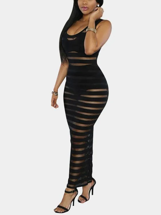 Wholesale Black Round Neck Sleeveless Stripe Bodycon Maxi Dress