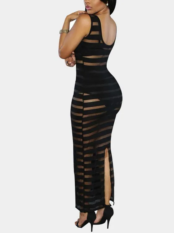 Wholesale Black Round Neck Sleeveless Stripe Bodycon Maxi Dress