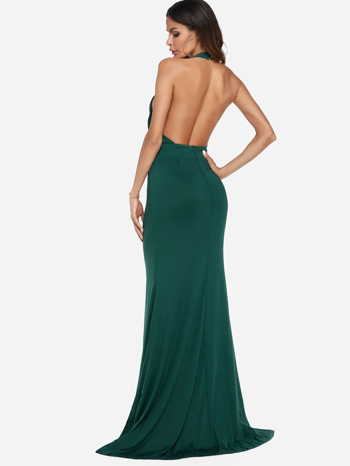 Wholesale Green Halter Sleeveless Plain Zip Back Backless Cut Out Maxi Dress