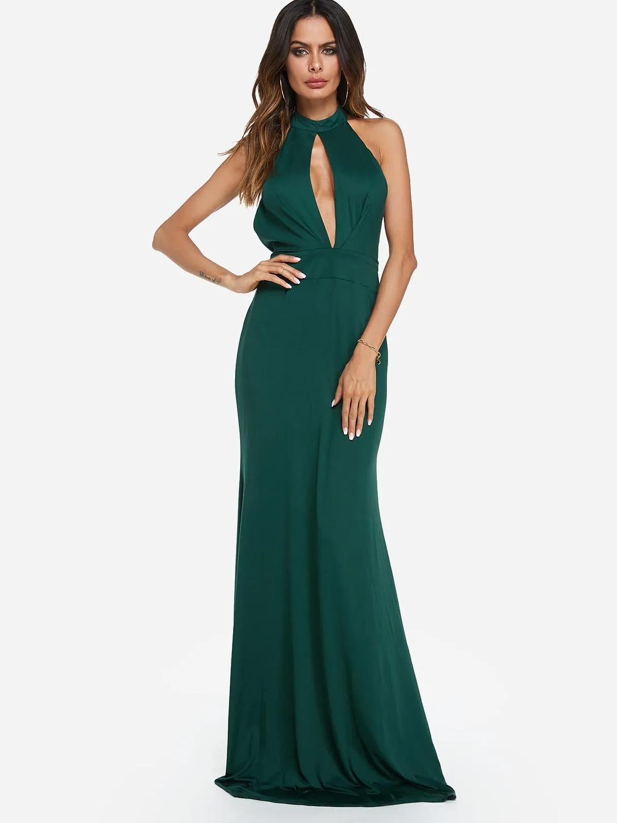 Wholesale Green Halter Sleeveless Plain Zip Back Backless Cut Out Maxi Dress