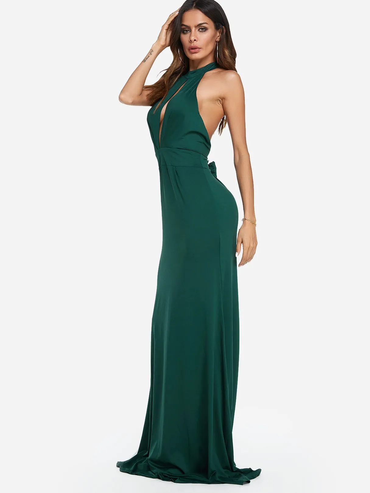 Wholesale Green Halter Sleeveless Plain Zip Back Backless Cut Out Maxi Dress