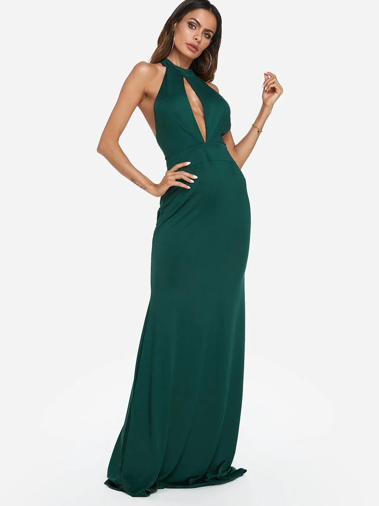 Wholesale Green Halter Sleeveless Plain Zip Back Backless Cut Out Maxi Dress