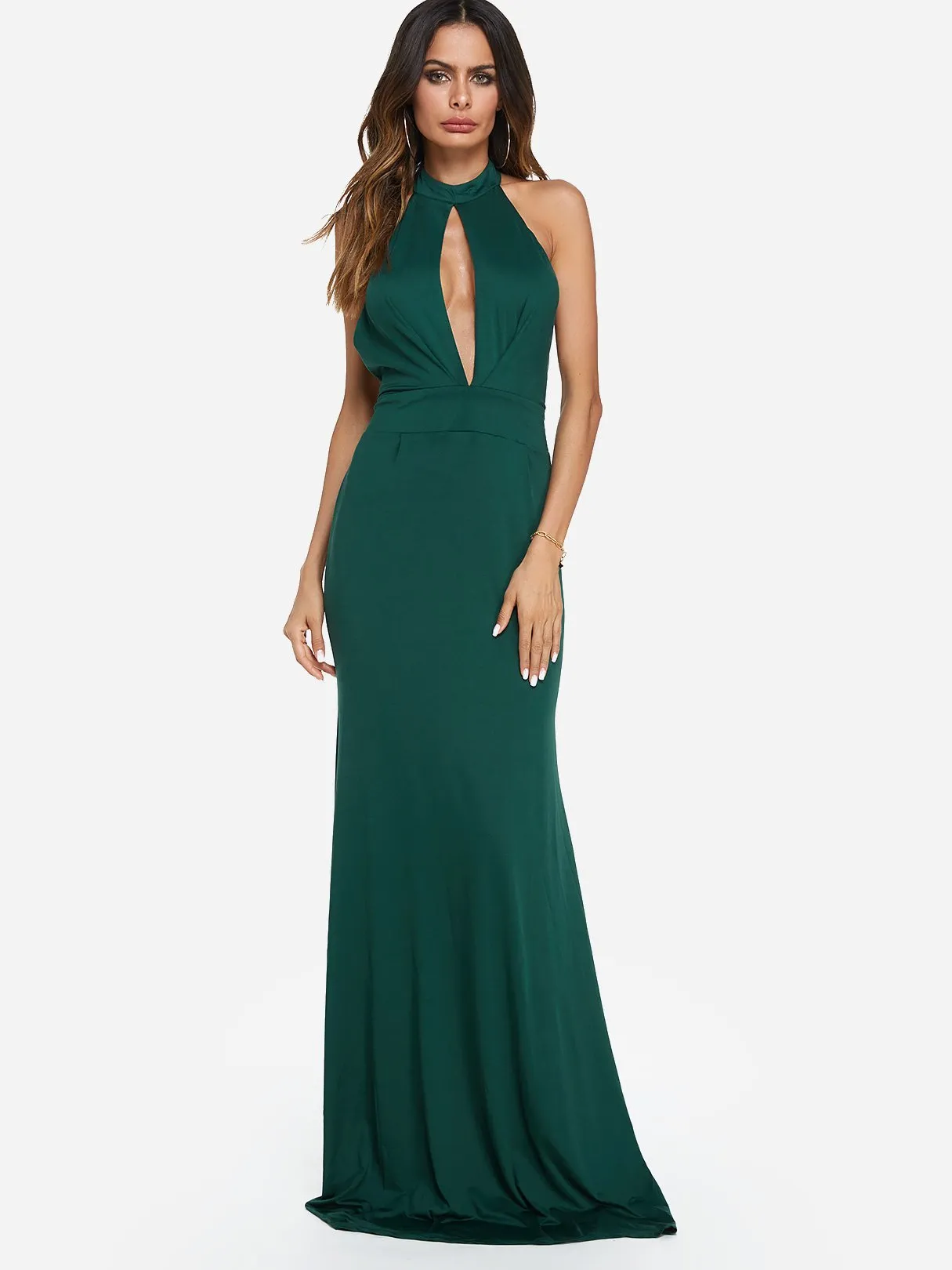 Wholesale Green Halter Sleeveless Plain Zip Back Backless Cut Out Maxi Dress