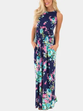 Wholesale Navy Round Neck Floral Print Maxi Dress