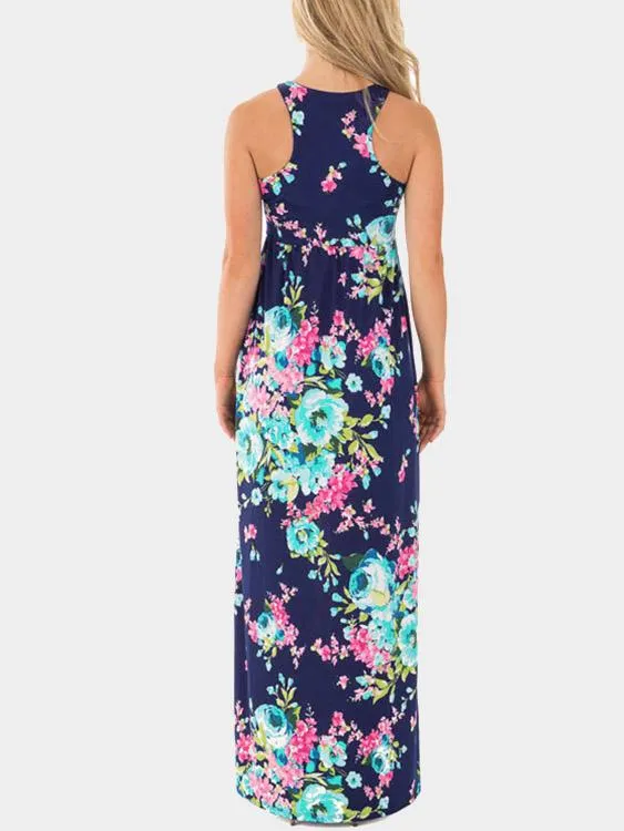 Wholesale Navy Round Neck Floral Print Maxi Dress