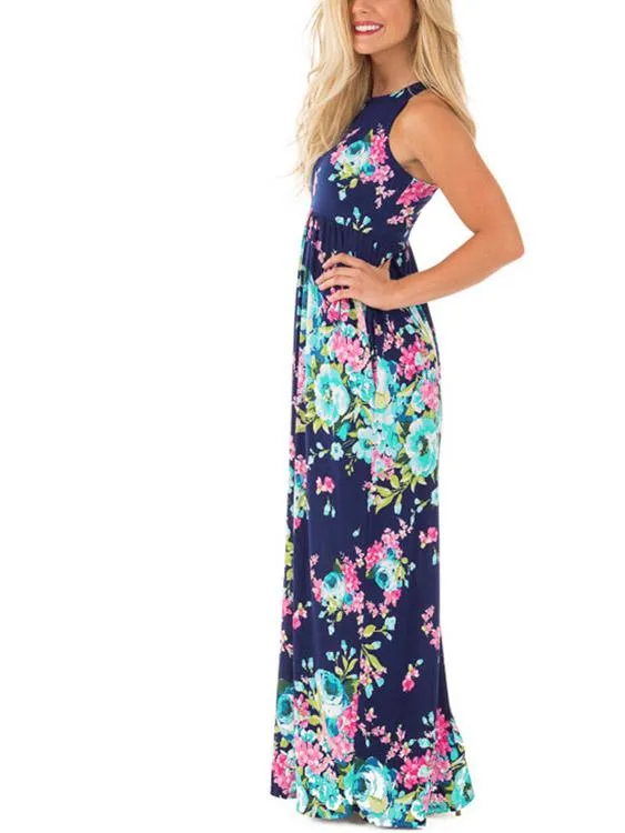 Wholesale Navy Round Neck Floral Print Maxi Dress