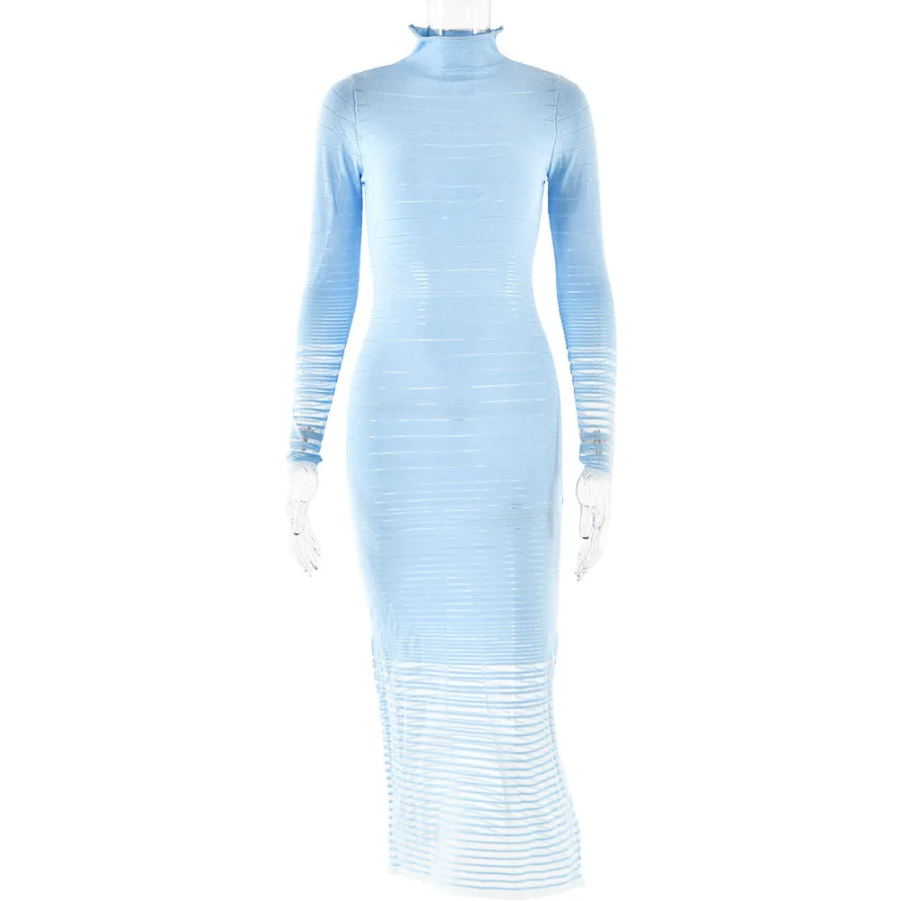 Winter Knitted Long Sleeved Sexy Slim Striped See through Dress