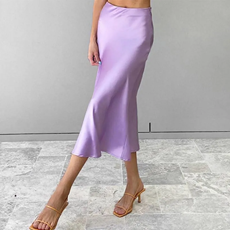 Wjczt Women Elegant Satin Bodycon Skirts Casual High Waist Silk Long Skirts Summer Office Lady Midi Skirt 2021 High Street