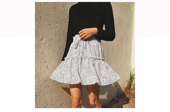 Wjczt Women High Waist Dot Ptint Chiffon Skirt Casual Tie Up Ruffled Pleated Mini Skirts Elegant Summer Beach Skirt 2022