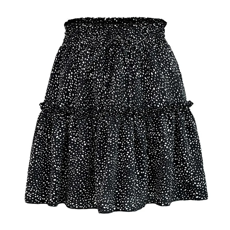 Wjczt Women High Waist Dot Ptint Chiffon Skirt Casual Tie Up Ruffled Pleated Mini Skirts Elegant Summer Beach Skirt 2022