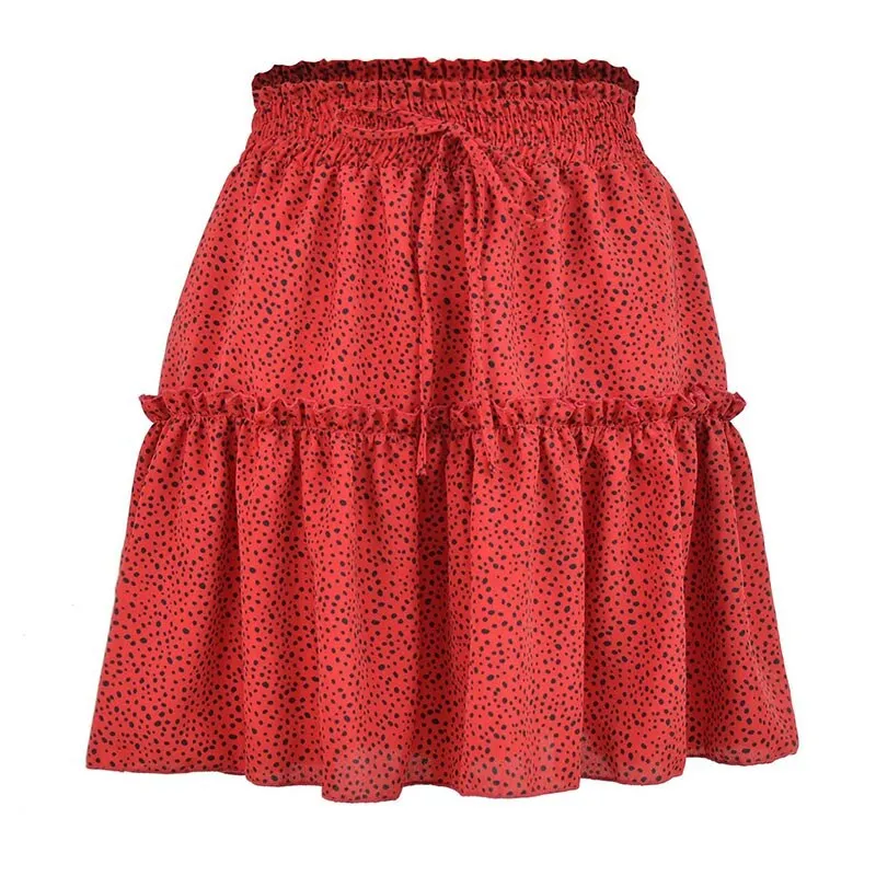 Wjczt Women High Waist Dot Ptint Chiffon Skirt Casual Tie Up Ruffled Pleated Mini Skirts Elegant Summer Beach Skirt 2022