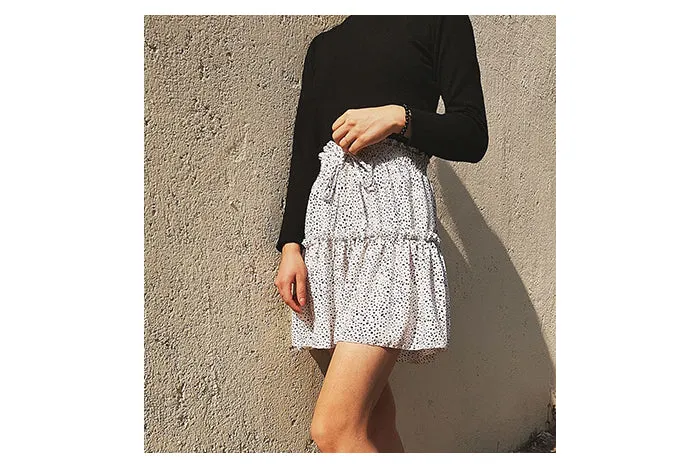 Wjczt Women High Waist Dot Ptint Chiffon Skirt Casual Tie Up Ruffled Pleated Mini Skirts Elegant Summer Beach Skirt 2022