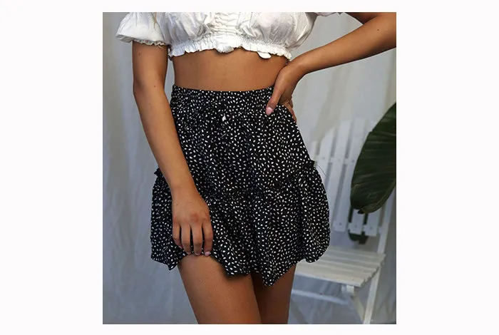 Wjczt Women High Waist Dot Ptint Chiffon Skirt Casual Tie Up Ruffled Pleated Mini Skirts Elegant Summer Beach Skirt 2022