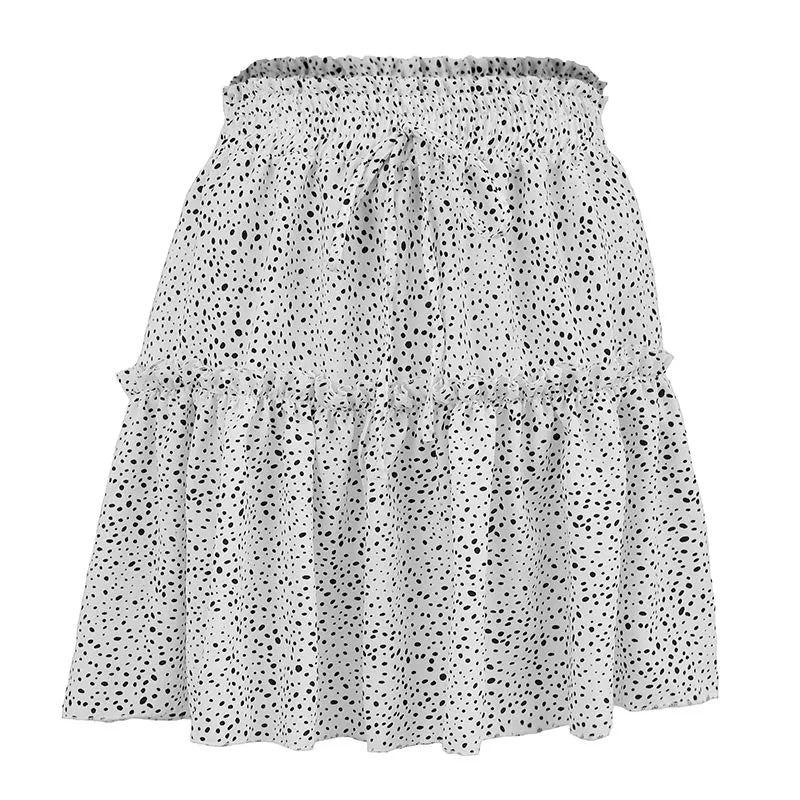 Wjczt Women High Waist Dot Ptint Chiffon Skirt Casual Tie Up Ruffled Pleated Mini Skirts Elegant Summer Beach Skirt 2022