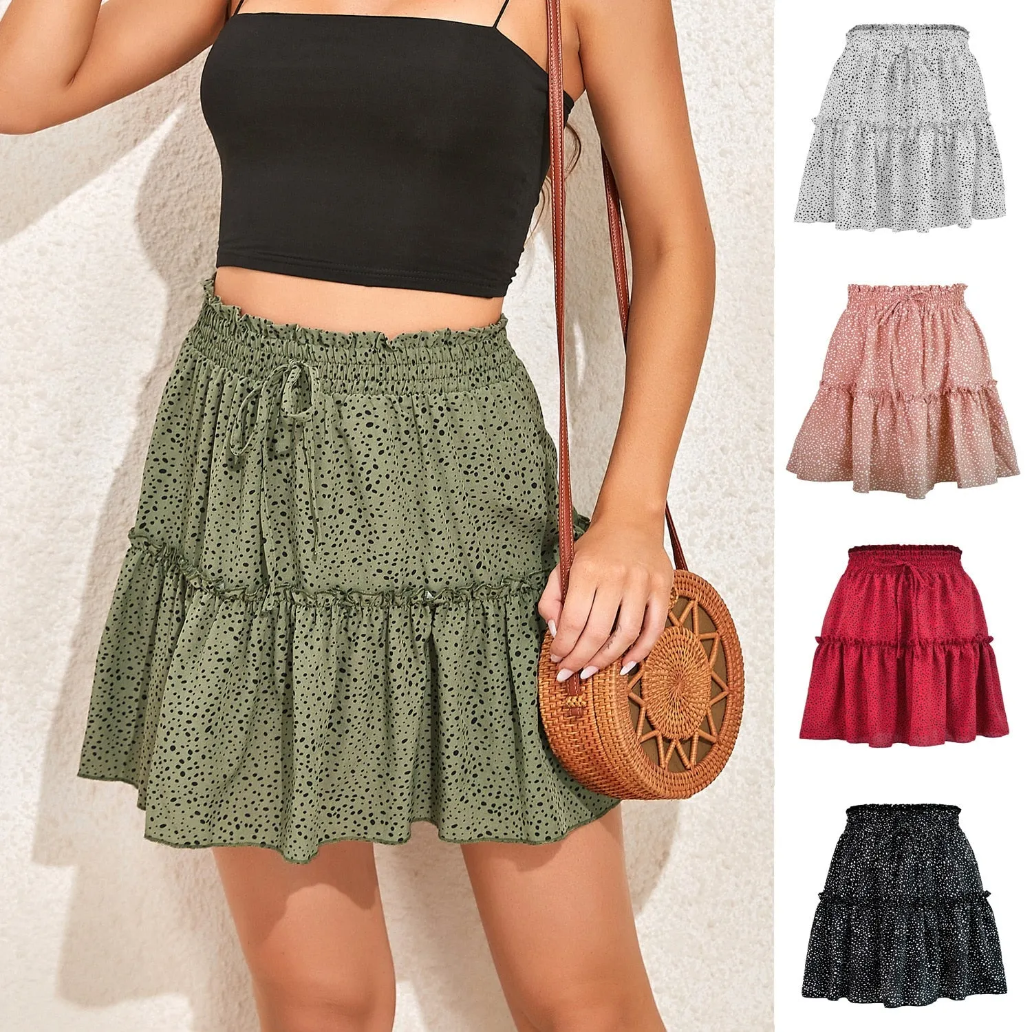 Wjczt Women High Waist Dot Ptint Chiffon Skirt Casual Tie Up Ruffled Pleated Mini Skirts Elegant Summer Beach Skirt 2022