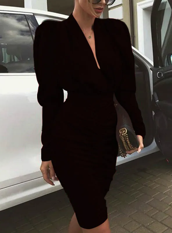 Women Long Sleeve V-neck Slim Waist Ruched Bodycon Dress