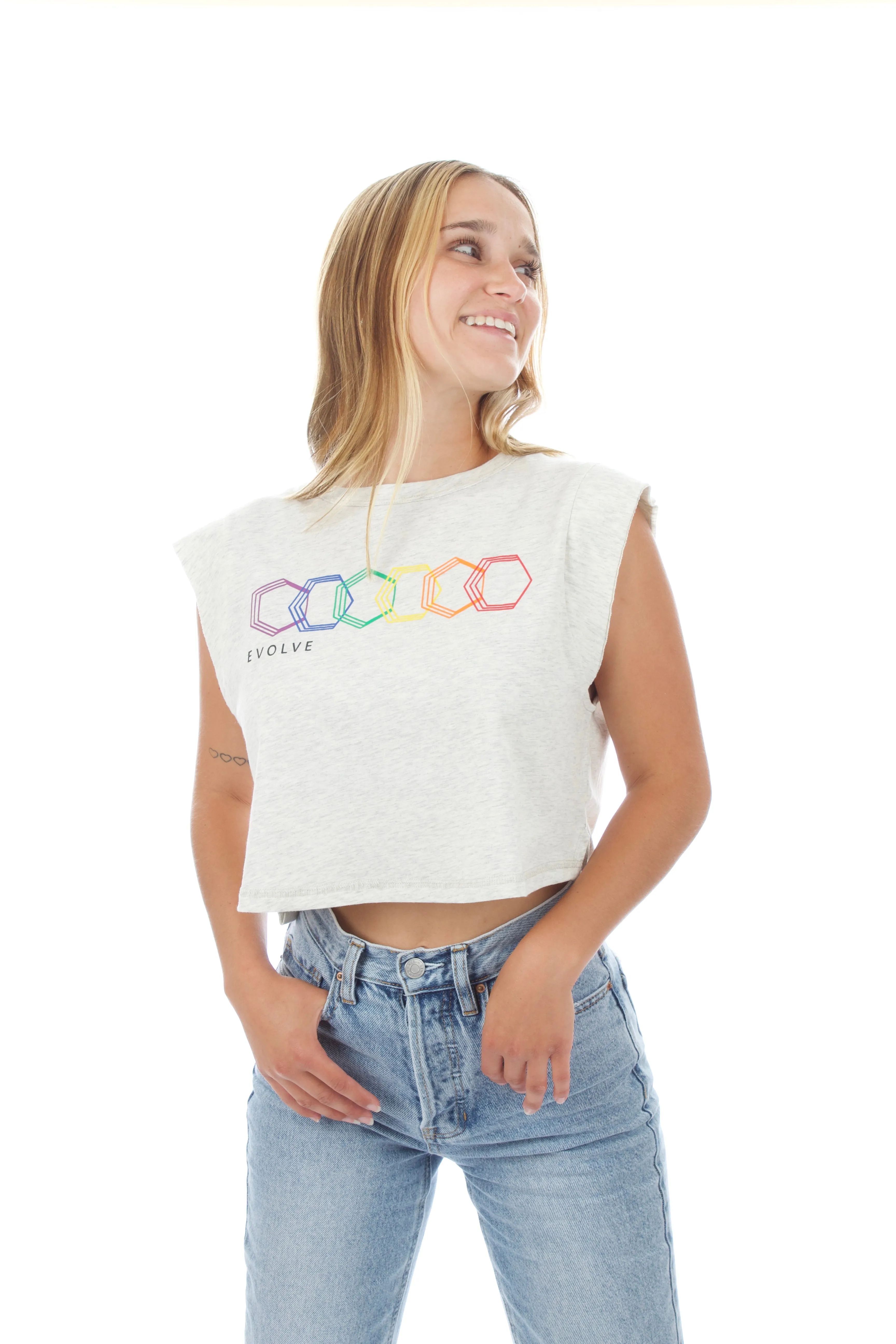 Women's Cropped Tank - Geo Rainbow - Oatmeal Heather