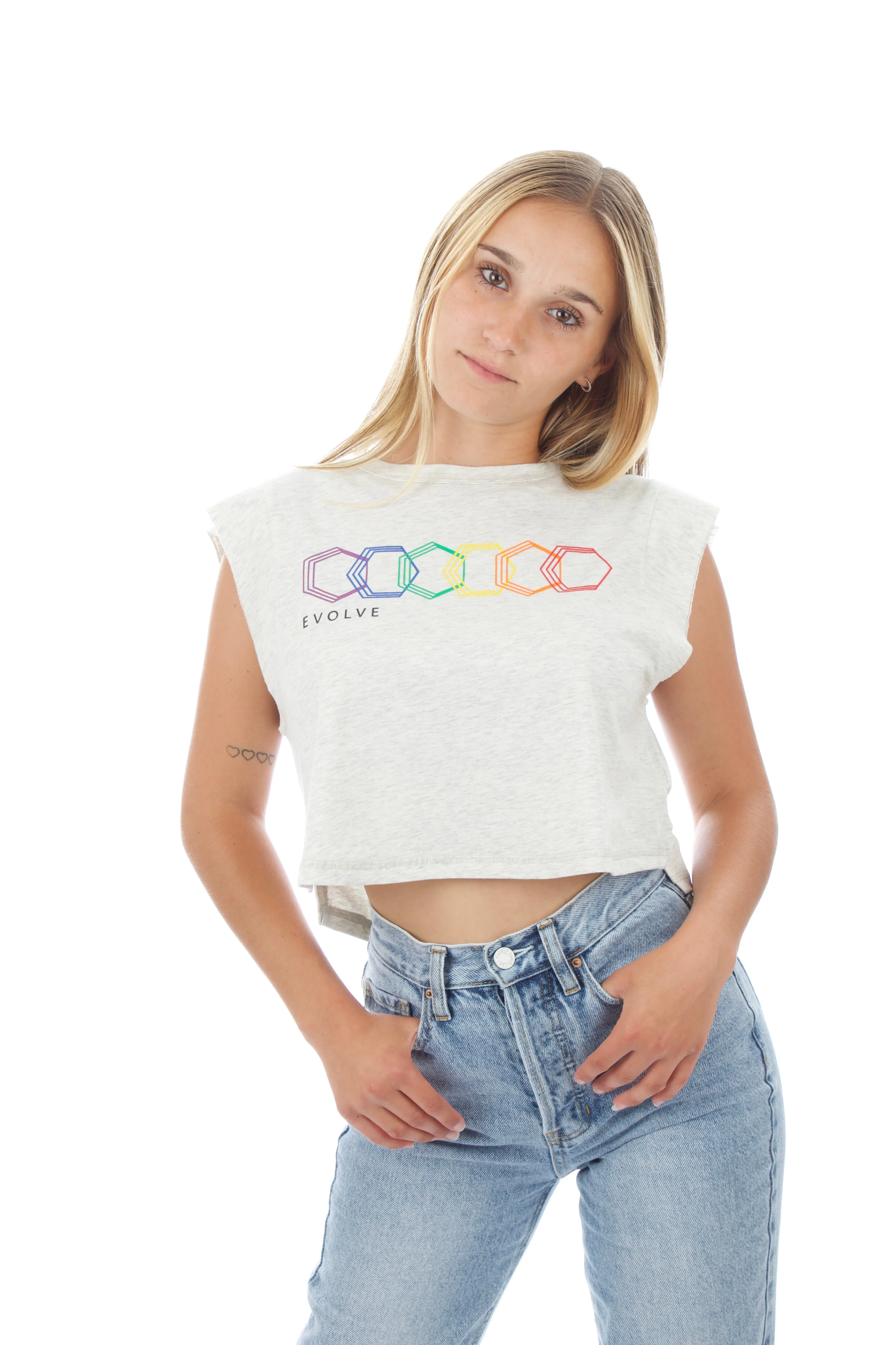 Women's Cropped Tank - Geo Rainbow - Oatmeal Heather