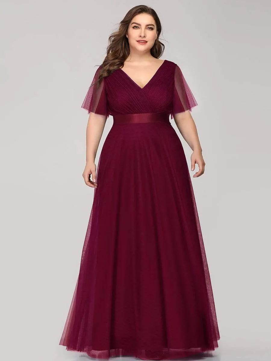 Women's Floor-Length Plus Size Formal Bridesmaid Dress with Short Sleeve