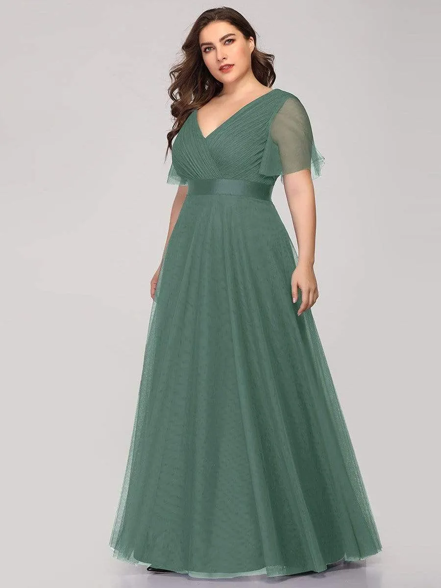 Women's Floor-Length Plus Size Formal Bridesmaid Dress with Short Sleeve