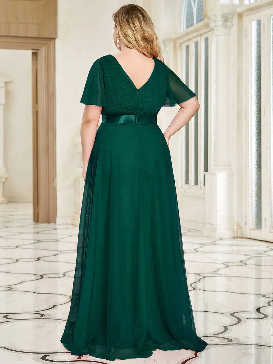 Women's Floor-Length Plus Size Formal Bridesmaid Dress with Short Sleeve