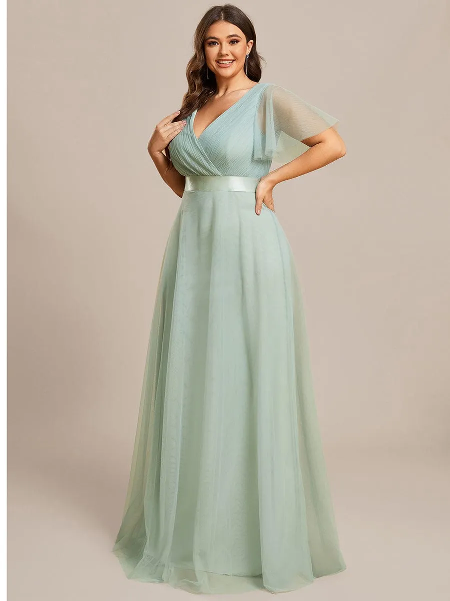 Women's Floor-Length Plus Size Formal Bridesmaid Dress with Short Sleeve