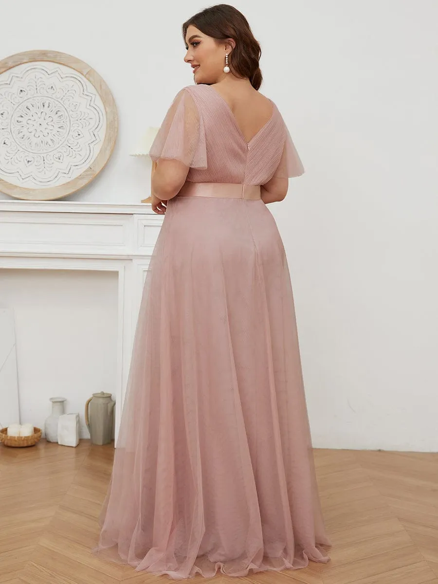 Women's Floor-Length Plus Size Formal Bridesmaid Dress with Short Sleeve