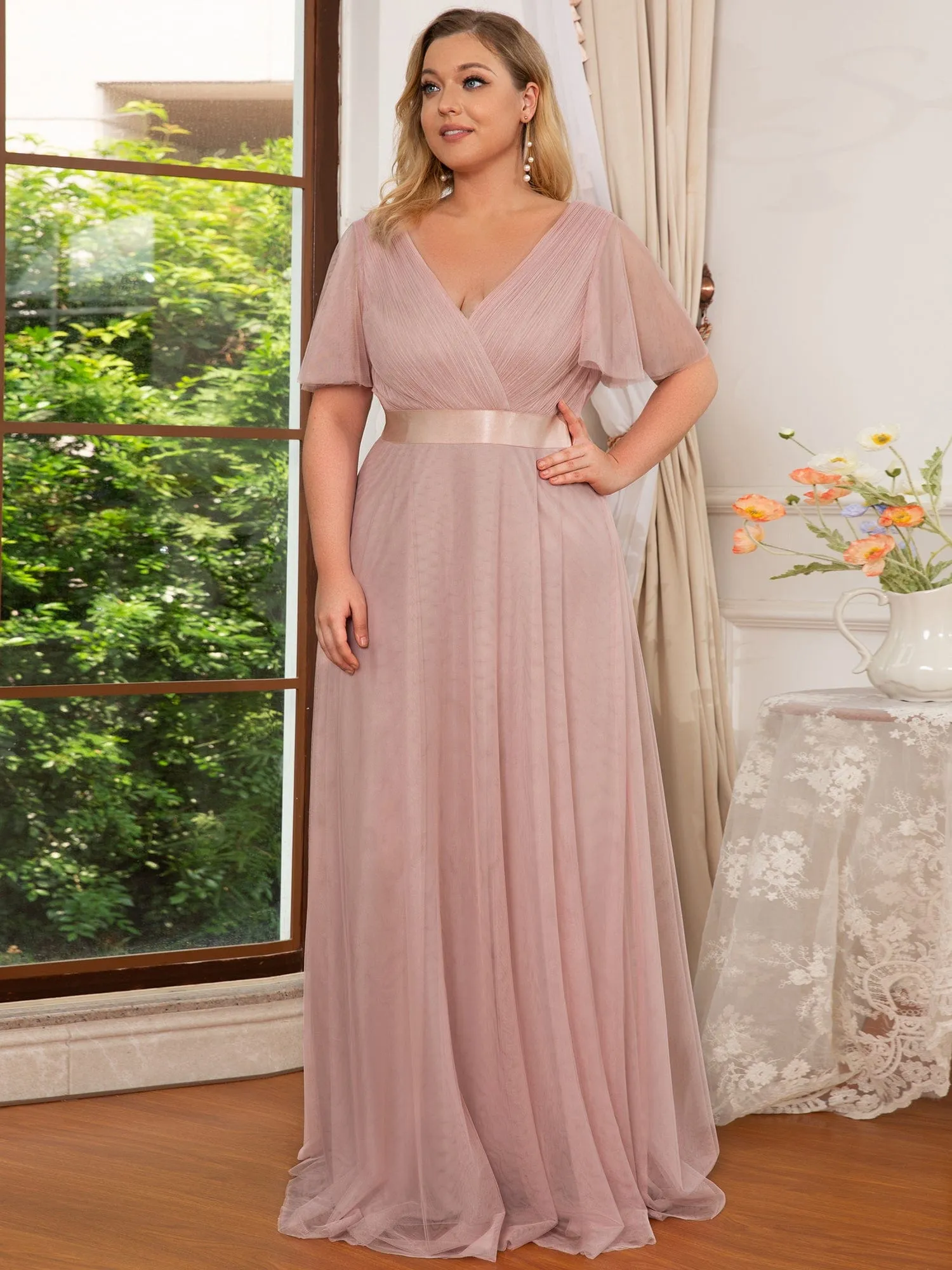 Women's Floor-Length Plus Size Formal Bridesmaid Dress with Short Sleeve